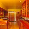 Original kitchen was lost decades earlier, but its narrow footprint remained.  Our kitchen design replaced a 1952 remodel done in Chuckwagon Modern.  New cabinets were modeled on those in the Gamble House.  Glen Stewart built them on-site in clear heart redwood.